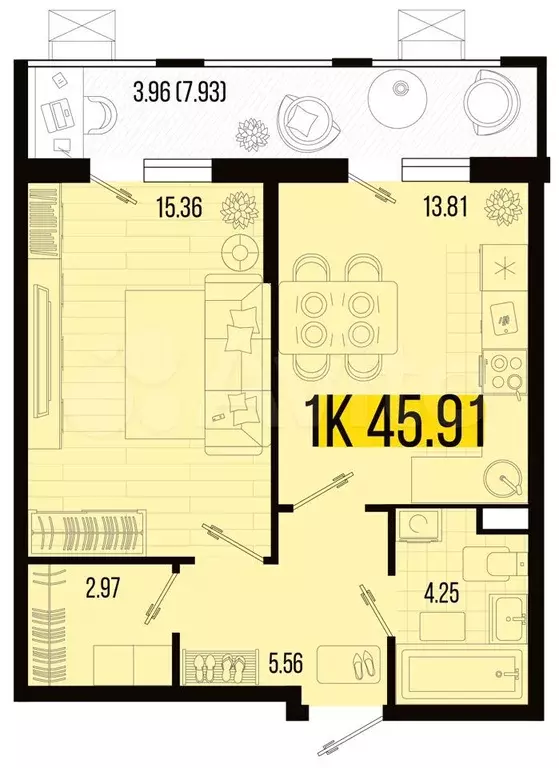 1-к. квартира, 45,9 м, 1/8 эт. - Фото 0