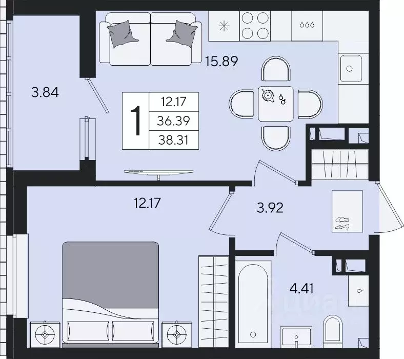 1-к кв. Краснодарский край, Краснодар  (38.31 м) - Фото 2