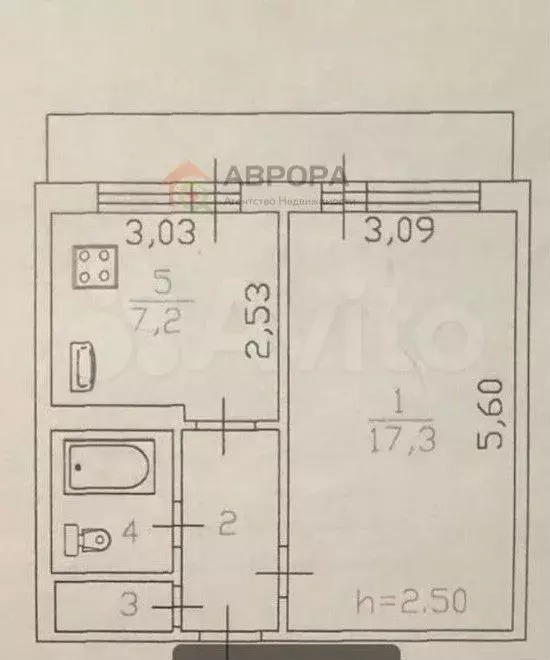 1-к. квартира, 34,3 м, 5/5 эт. - Фото 0