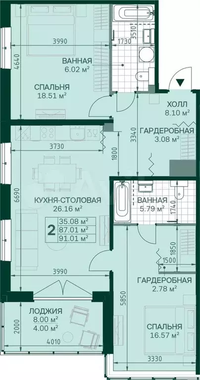 2-к. квартира, 87,2 м, 9/14 эт. - Фото 1