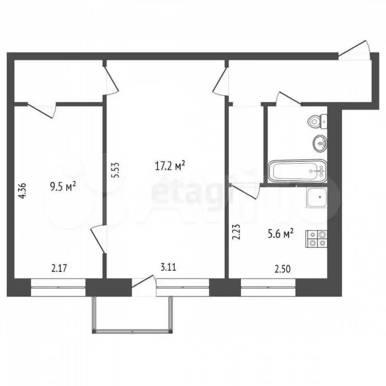 2-к. квартира, 43,7 м, 3/5 эт. - Фото 0