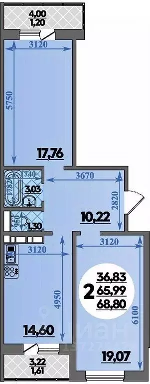 2-к кв. Ростовская область, Ростов-на-Дону ул. Юрия Дубинина, 5 (68.8 ... - Фото 1