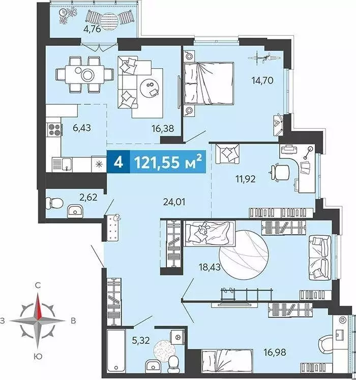 Квартира, 4 комнаты, 121.55 м - Фото 1