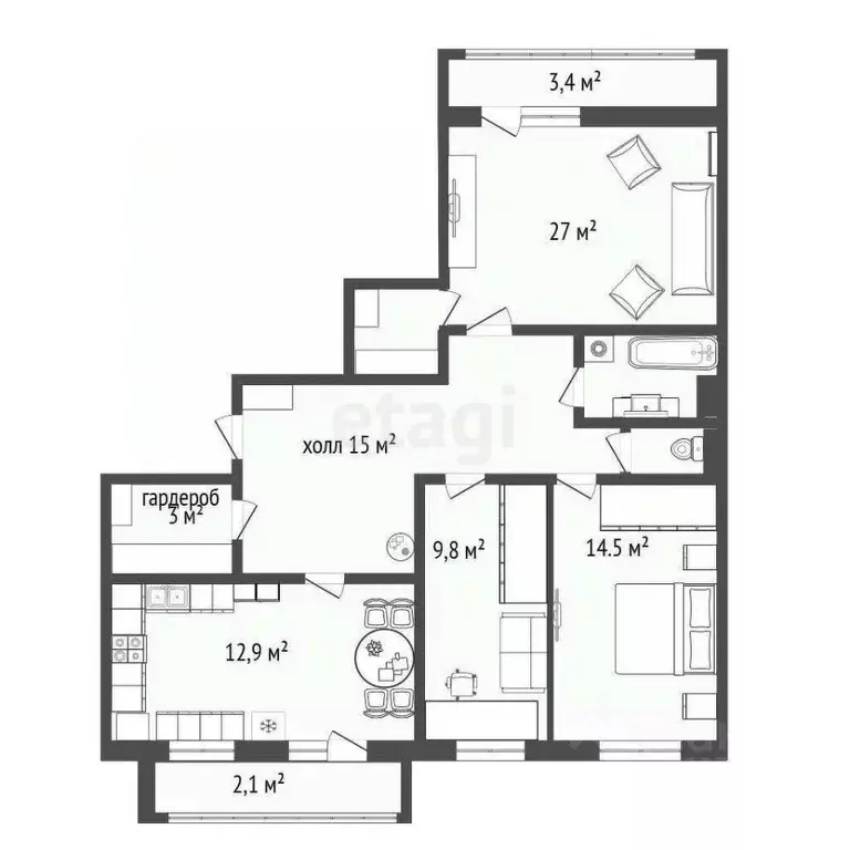 3-к кв. Белгородская область, Белгород ул. Лермонтова, 49а (92.4 м) - Фото 2
