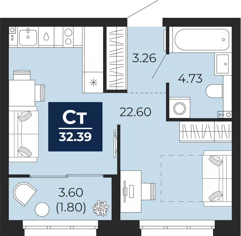 Квартира-студия: Тюмень, Камчатская улица, 109к1 (34.19 м) - Фото 1