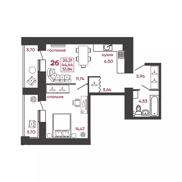 2-к кв. Пензенская область, Пенза ул. Леонова, 4 (51.84 м) - Фото 1