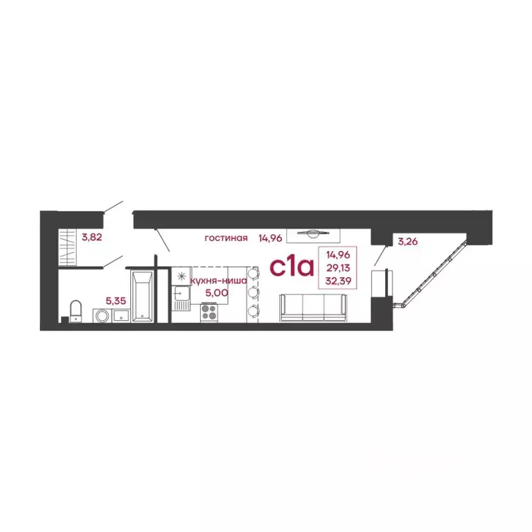 Студия Пензенская область, Пенза ул. Измайлова, 41В (32.39 м) - Фото 2