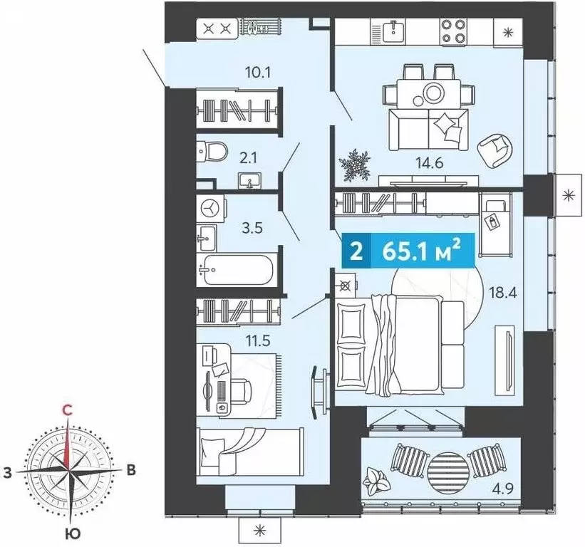 2-комнатная квартира: Засечное, Прибрежный бульвар, 5 (65.1 м) - Фото 1