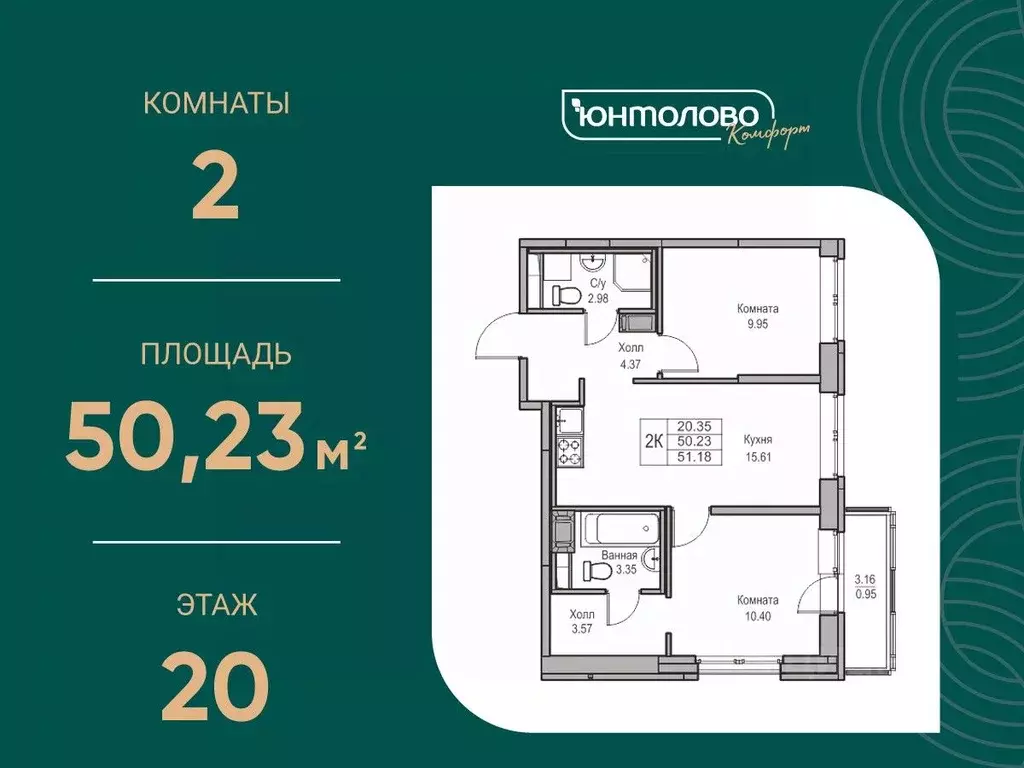 2-к кв. Санкт-Петербург ЮНТОЛОВО жилой комплекс (51.18 м) - Фото 0