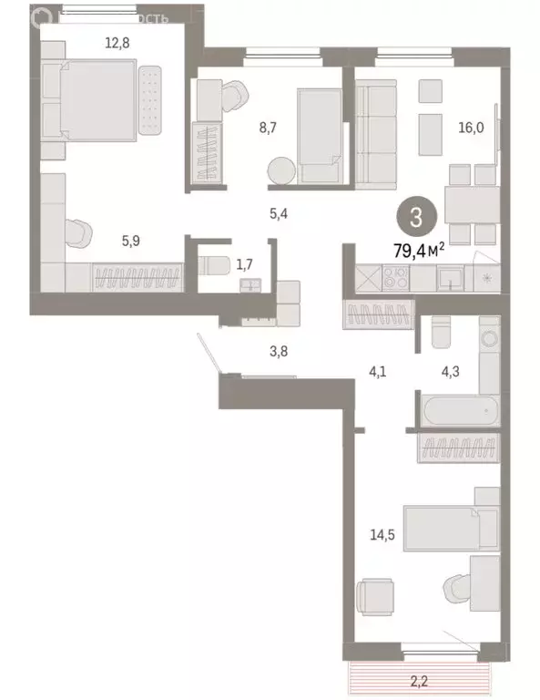 3-комнатная квартира: Новосибирский район, рабочий посёлок Краснообск, ... - Фото 2