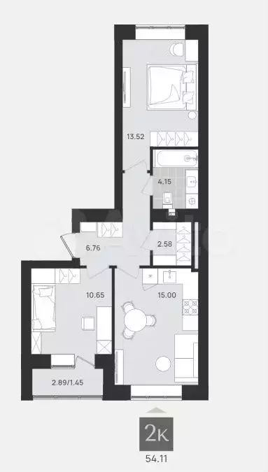 2-к. квартира, 54,1 м, 2/9 эт. - Фото 1