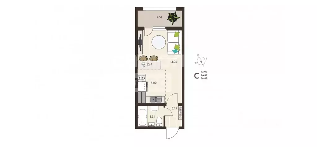 Студия Курская область, Курск ул. Энгельса, 115 (26.68 м) - Фото 2