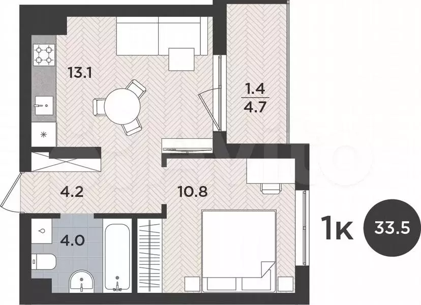 1-к. квартира, 33,5 м, 2/9 эт. - Фото 1