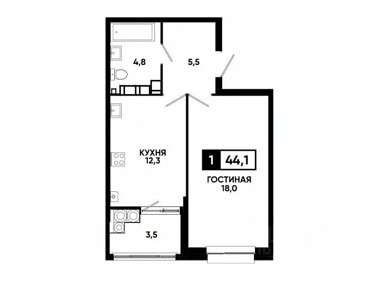 1-к кв. Ставропольский край, Ставрополь ул. Андрея Голуба, 14к3 (44.1 ... - Фото 0