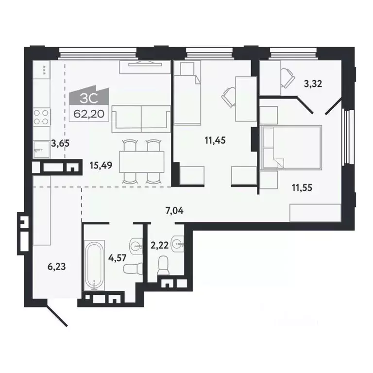 3-к кв. Томская область, Томск Черемошники мкр, ул. Бердская, 14/3 ... - Фото 1