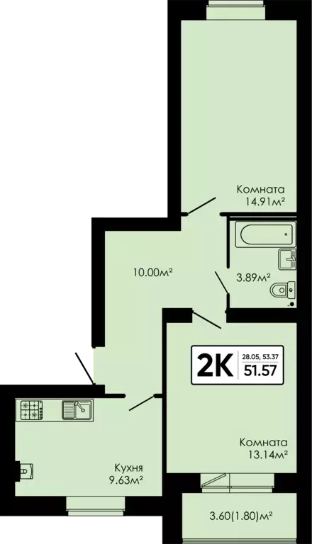 2-к квартира, 51.57 м - Фото 0