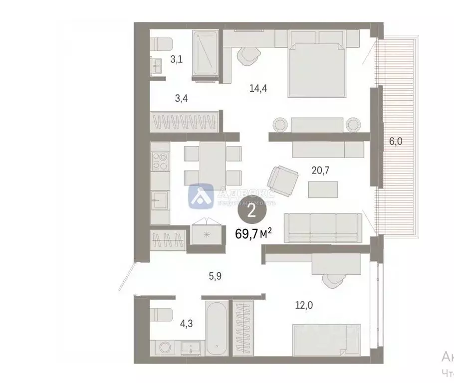 2-к кв. Тюменская область, Тюмень ул. Республики, 205к3 (69.68 м) - Фото 1
