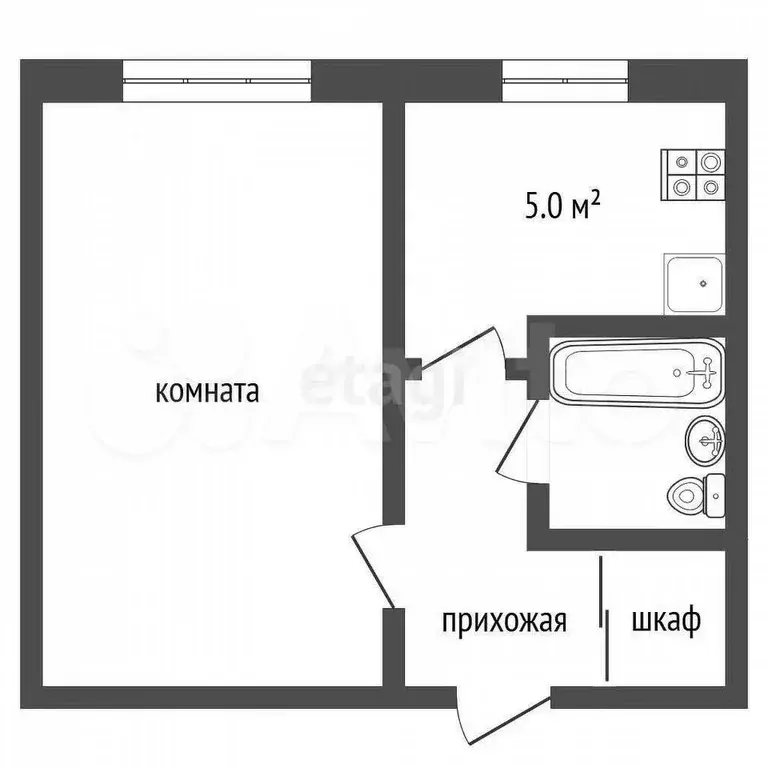 1-к. квартира, 29,8 м, 1/5 эт. - Фото 0