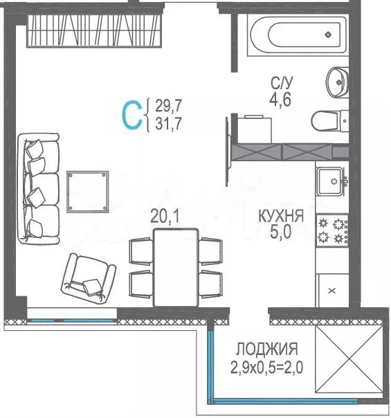 Квартира-студия, 33,4 м, 8/9 эт. - Фото 1