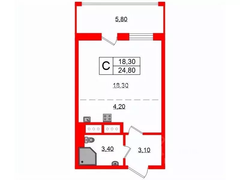 Студия Санкт-Петербург Комендантский просп., 64к1 (24.8 м) - Фото 1