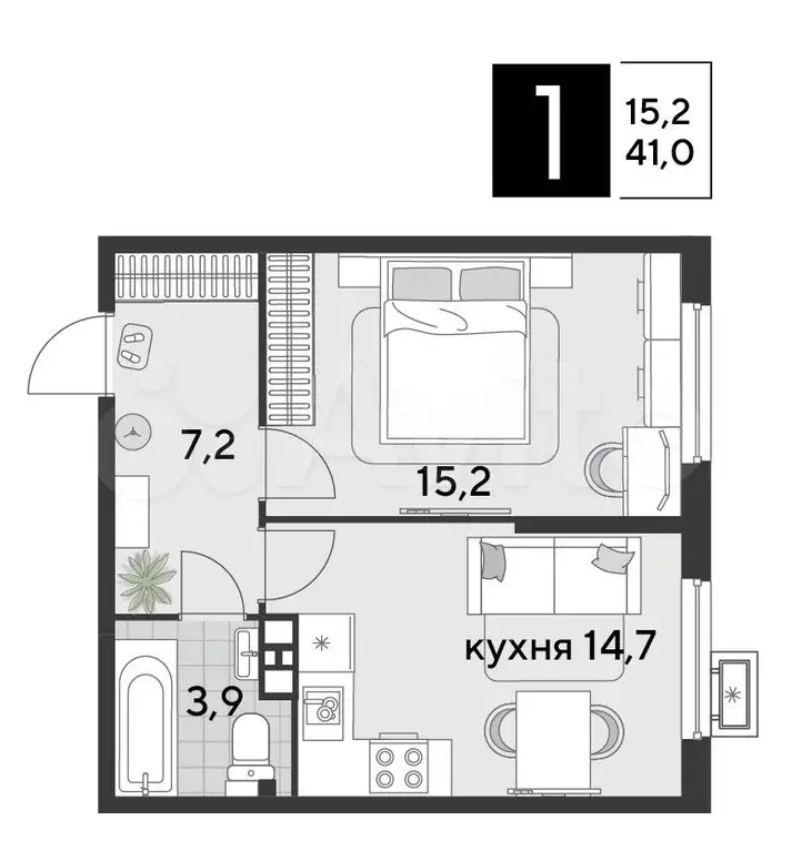 1-к. квартира, 41 м, 4/9 эт. - Фото 1