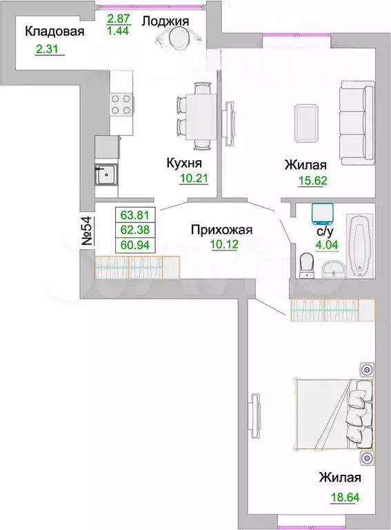 2-к. квартира, 62,4 м, 3/9 эт. - Фото 1