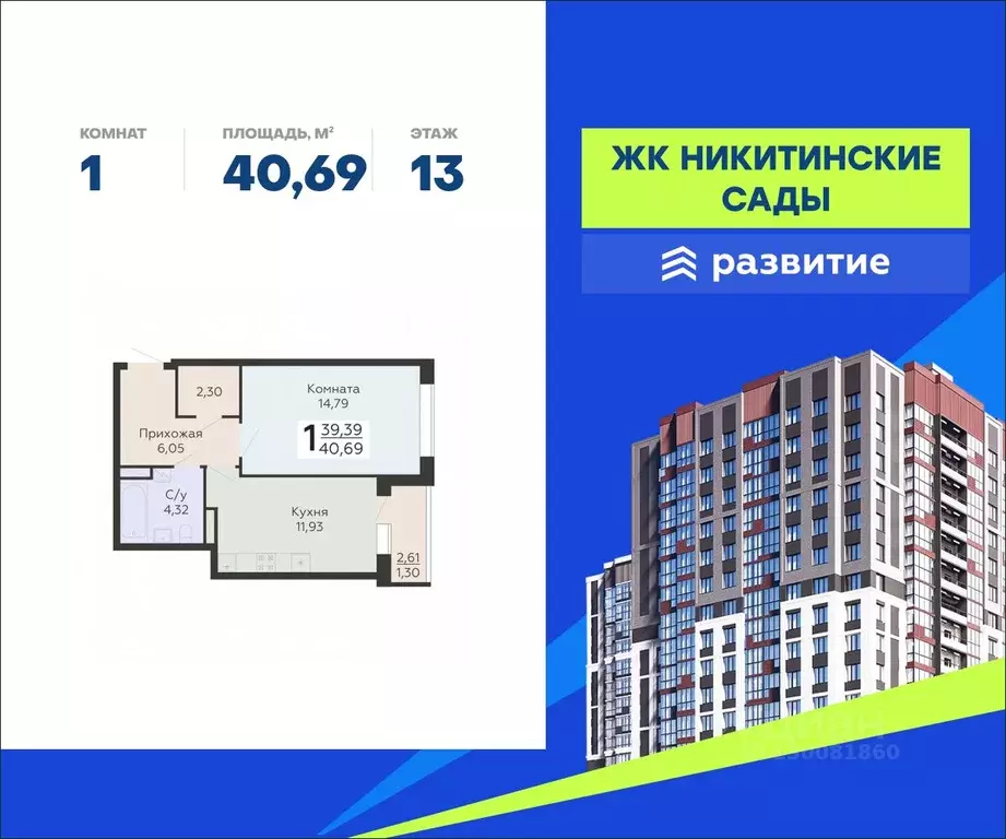 1-к кв. Воронежская область, Воронеж Никитинские сады жилой комплекс ... - Фото 0