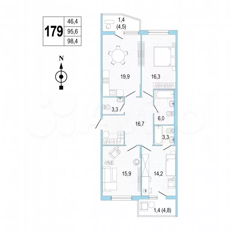 3-к. квартира, 98,9м, 2/8эт. - Фото 0