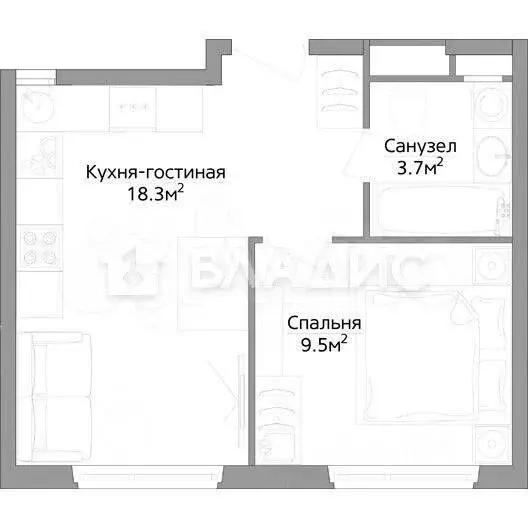1-к. квартира, 32 м, 6/9 эт. - Фото 0