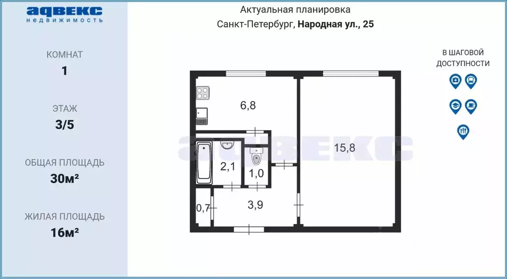 1-к кв. Санкт-Петербург Народная ул., 25 (30.0 м) - Фото 1