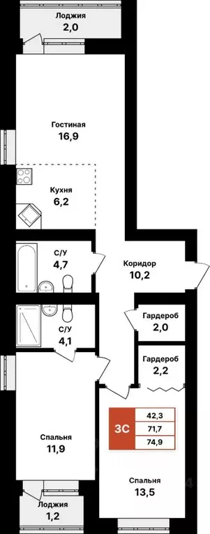 3-к кв. Башкортостан, Уфа Цветы Башкирии жилрайон,  (74.9 м) - Фото 1
