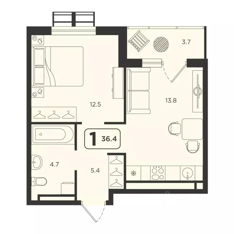 1-к кв. Тюменская область, Тюмень  (36.4 м) - Фото 0