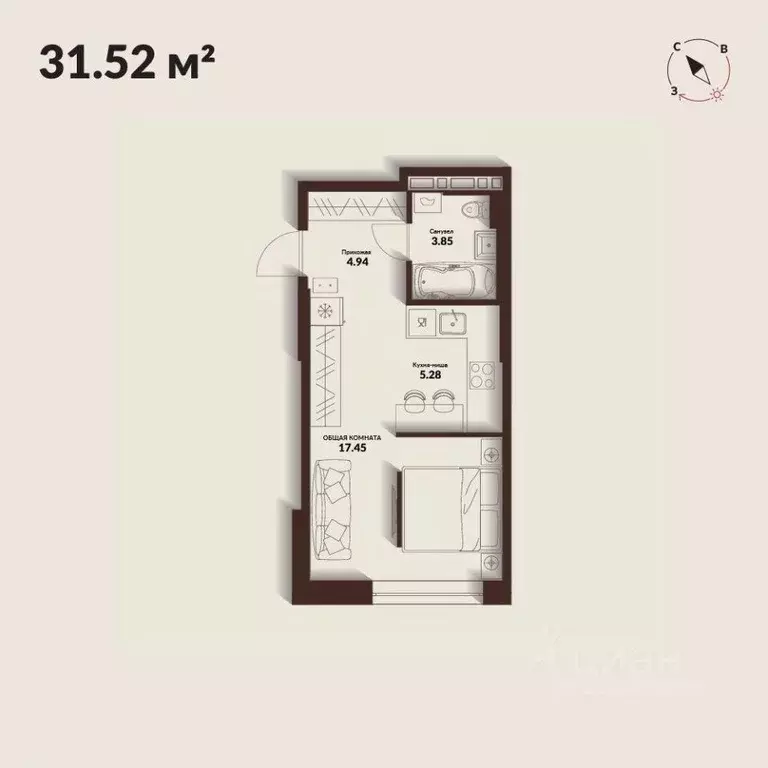 Студия Приморский край, Владивосток Каскада жилой комплекс (31.52 м) - Фото 1