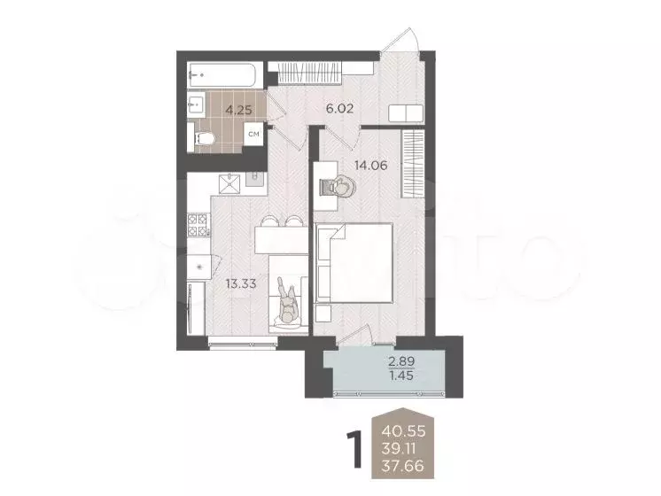 1-к. квартира, 39 м, 4/9 эт. - Фото 1