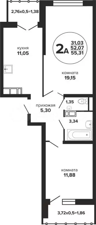 2-к. квартира, 55,3 м, 7/24 эт. - Фото 0