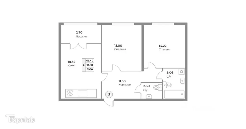 2-к кв. Калининградская область, Калининград ул. Ватутина, 38 (69.1 м) - Фото 2