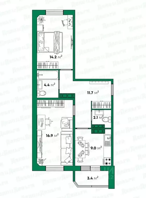 2-к кв. Кировская область, Киров ул. Ивана Попова, 56к1 (60.0 м) - Фото 2
