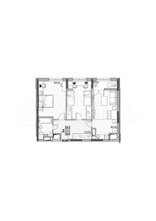 2-к. квартира, 74,9 м, 16/24 эт. - Фото 1