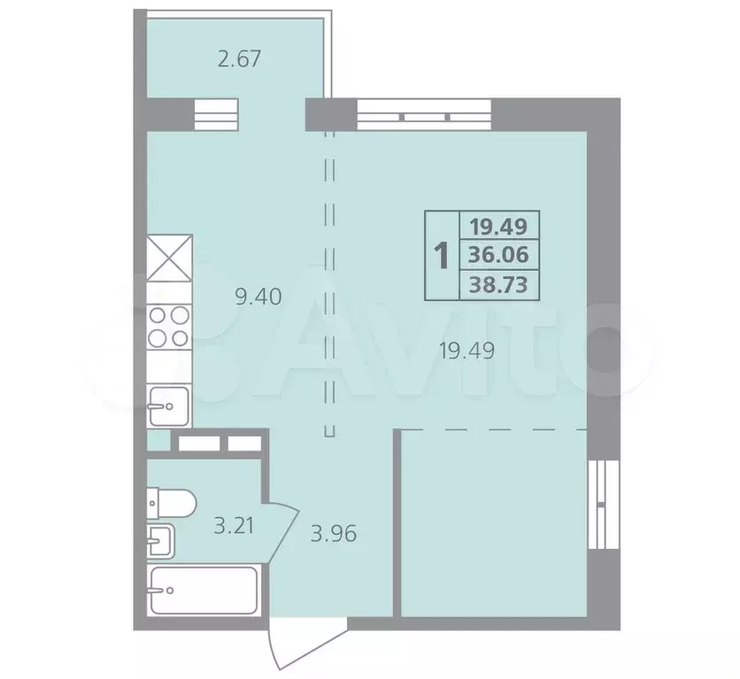1-к. квартира, 38,7 м, 3/5 эт. - Фото 1