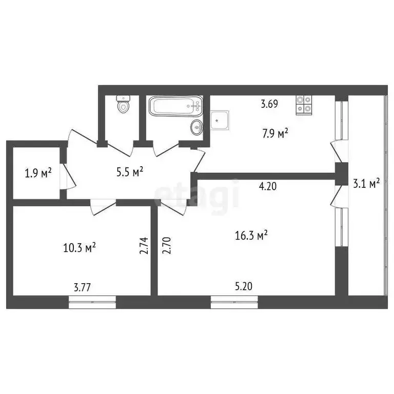 2-комнатная квартира: Вилино, улица Чапаева, 15 (44.2 м) - Фото 0
