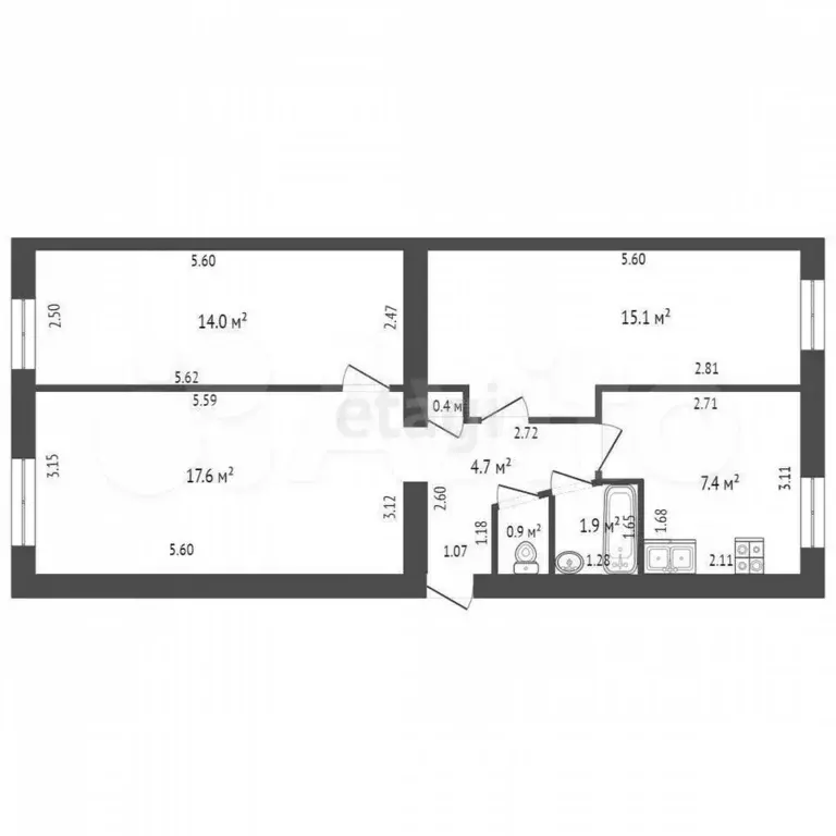 3-к. квартира, 56,3 м, 1/2 эт. - Фото 0