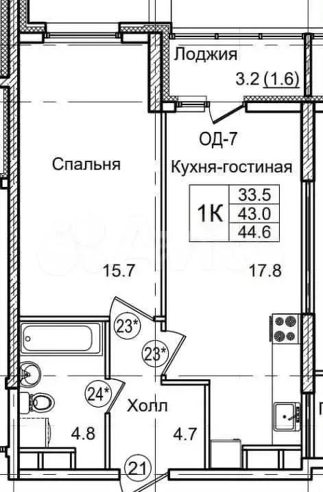1-к. квартира, 42,7 м, 2/24 эт. - Фото 0