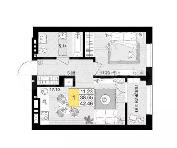 1-к. квартира, 42 м, 5/9 эт. - Фото 1