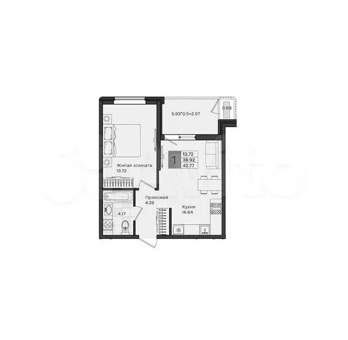 1-к. квартира, 42,8 м, 5/8 эт. - Фото 1