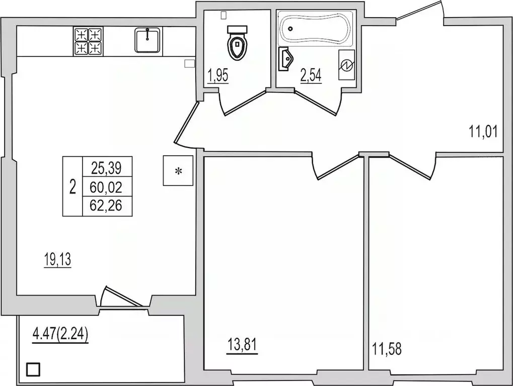 2-к кв. Псковская область, Псков Рижский просп., 94Г (62.26 м) - Фото 1