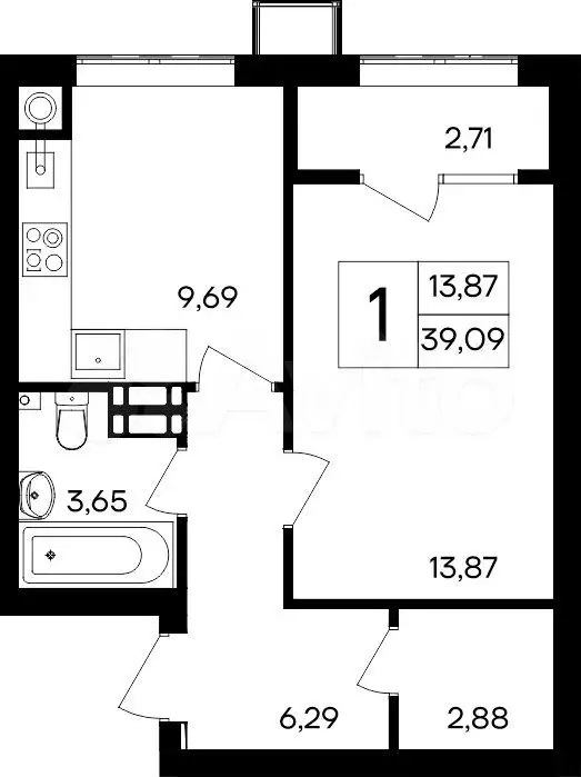 1-к. квартира, 39,1 м, 2/8 эт. - Фото 0