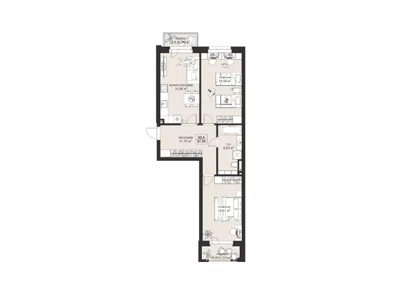 2-к квартира, 67.59 м - Фото 0