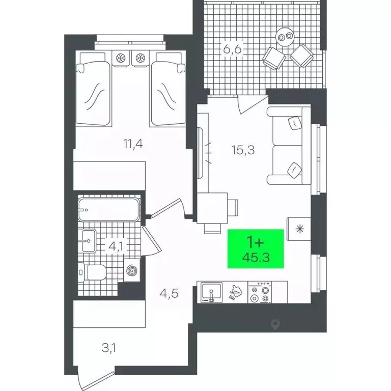 1-к кв. Тюменская область, Тюмень ул. Василия Малкова, 19 (45.3 м) - Фото 0