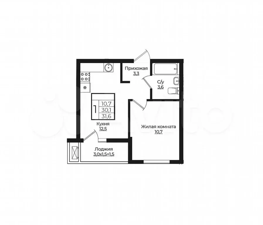 1-к. квартира, 31,6 м, 7/7 эт. - Фото 1