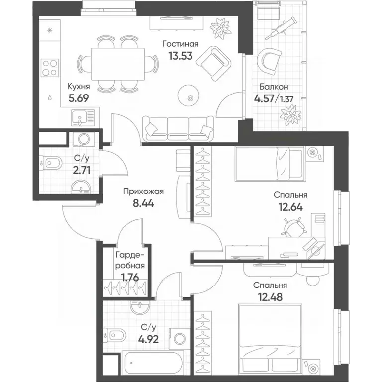 3-к кв. Татарстан, Казань Счастье в Казани жилой комплекс (63.5 м) - Фото 1